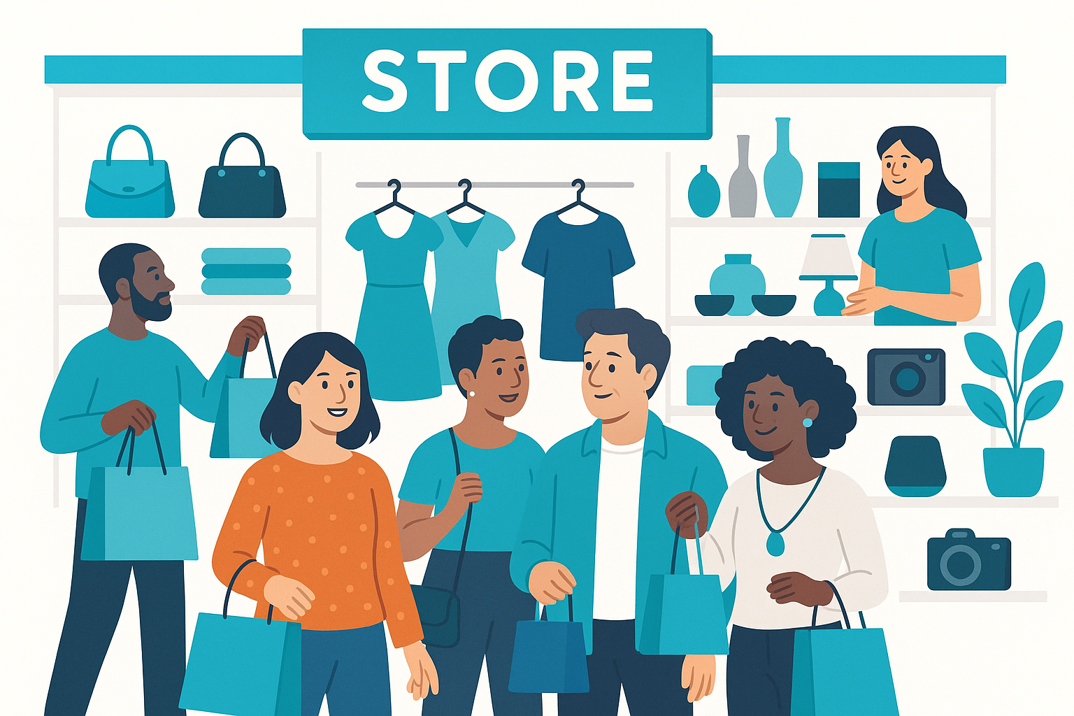 Modern ecommerce banner illustration of a stylish store with shelves full of diverse products (fashion, accessories, home decor, gadgets). Customers happily browsing and purchasing, creating a sense of crowd and trust. Bright, friendly colors with white background and sea blue (#1CA9C9) accents to match brand theme. Clean flat vector style, professional, trustworthy look for Shopify store.