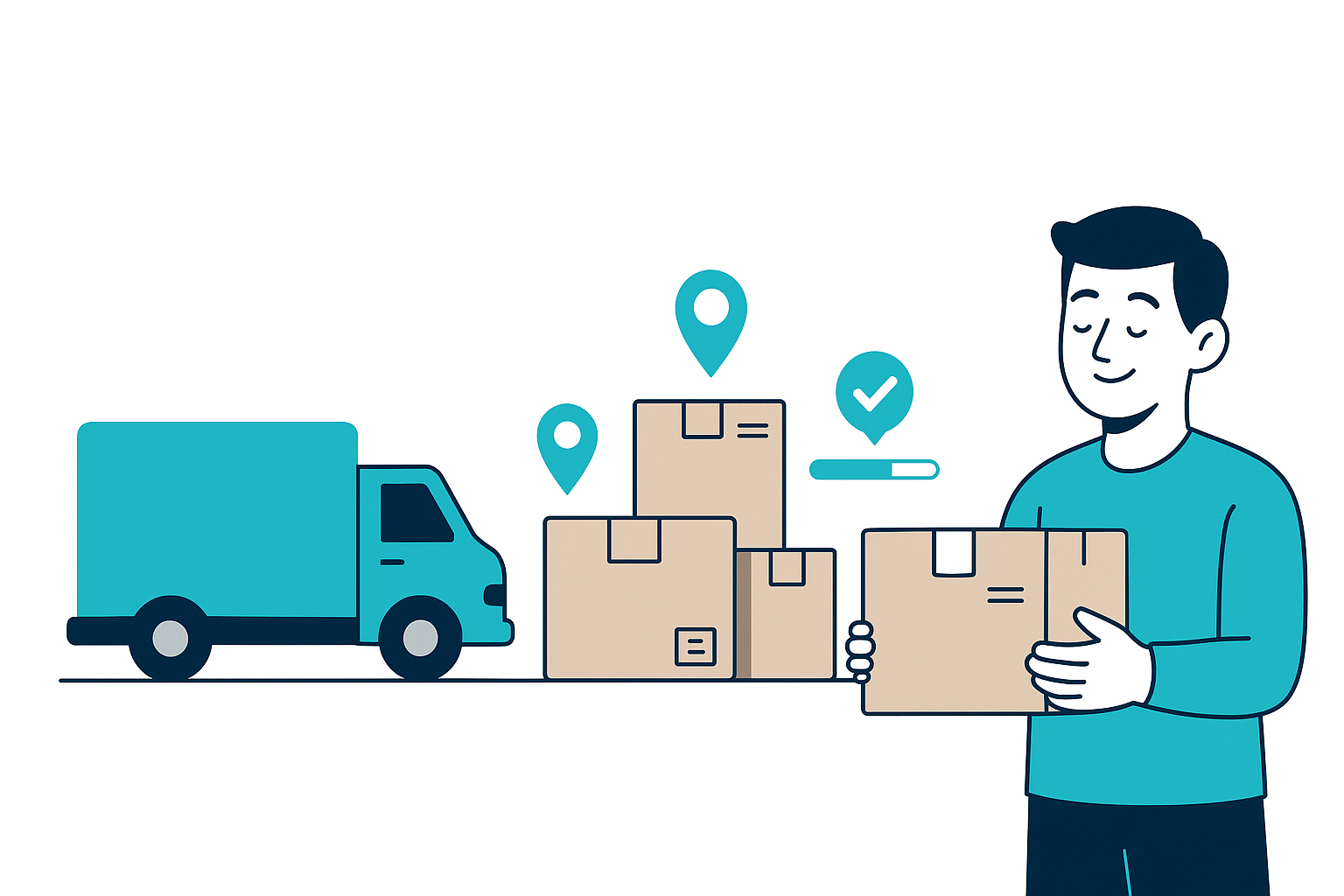 Professional clean website banner showing package tracking and fast delivery service. A delivery truck, shipping boxes with tracking icons (location pin, progress bar, check mark), and a happy customer receiving a parcel. Modern flat illustration style, white background with accents of sea blue (#1CA9C9) to match brand colors. Minimal, trustworthy, ecommerce theme for Shopify store.